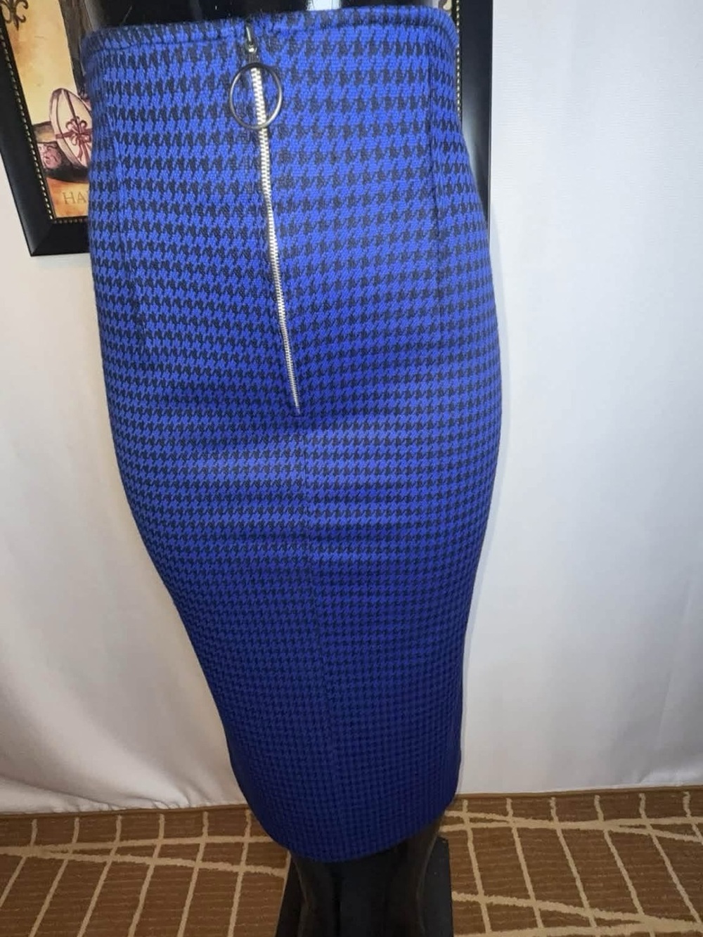 Blue Houndstooth High-Waist Pencil Skirt with Front Ring Zip